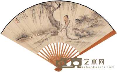郑慕康 萧蜕 戊子（1948）年作 柳阴听鹂 行书 成扇 18.5×51cm